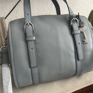 Fossil Gray Leather Satchel with Silver Hardware